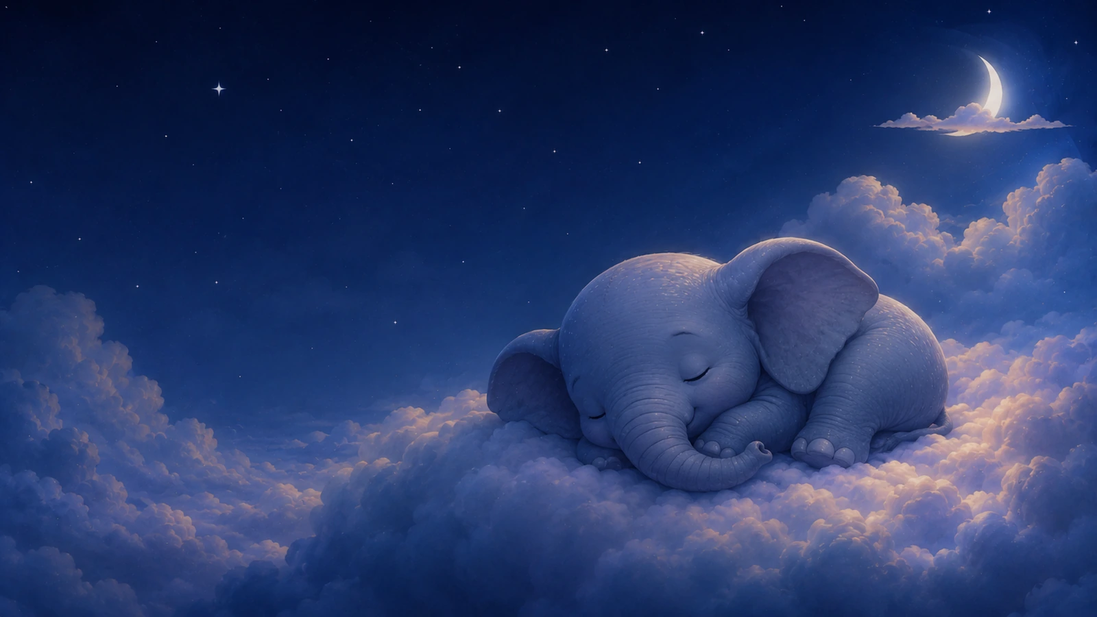 Baby elephant resting among warm clouds in a moonlit sleep scene