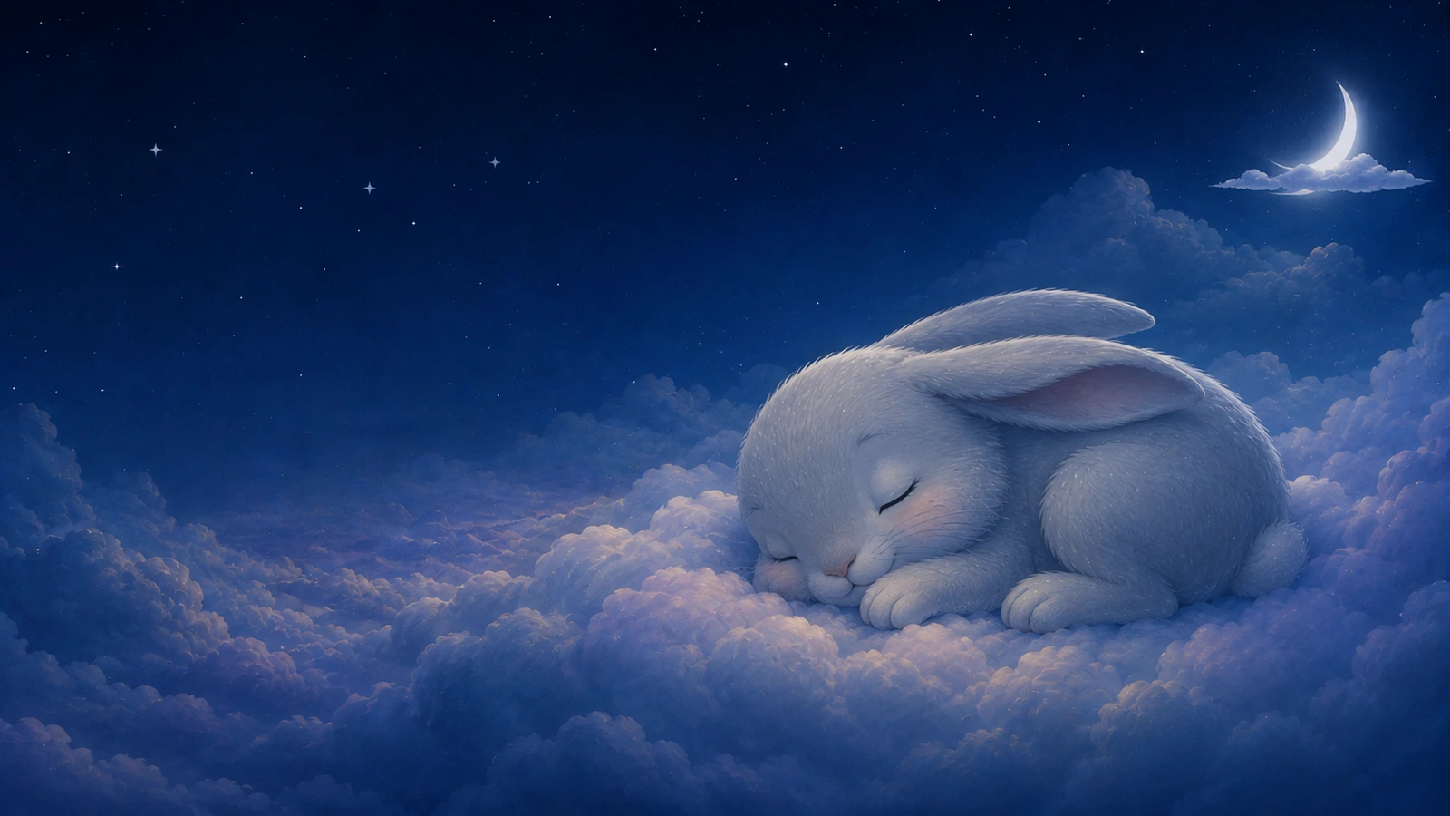 Baby rabbit resting among soft moonlit clouds in a peaceful sleep scene