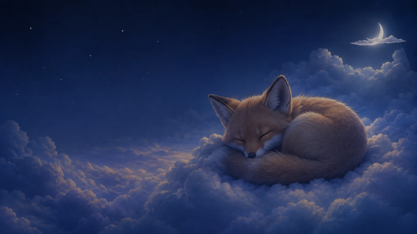 Baby fox curled up beneath the stars in a quiet moonlit forest sleep scene