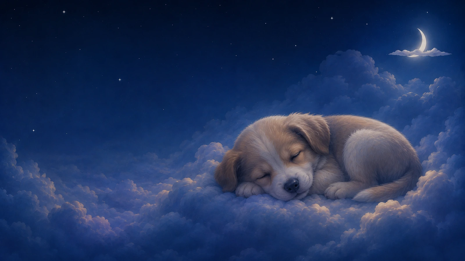 Baby puppy resting peacefully among soft clouds in a gentle nighttime sleep scene