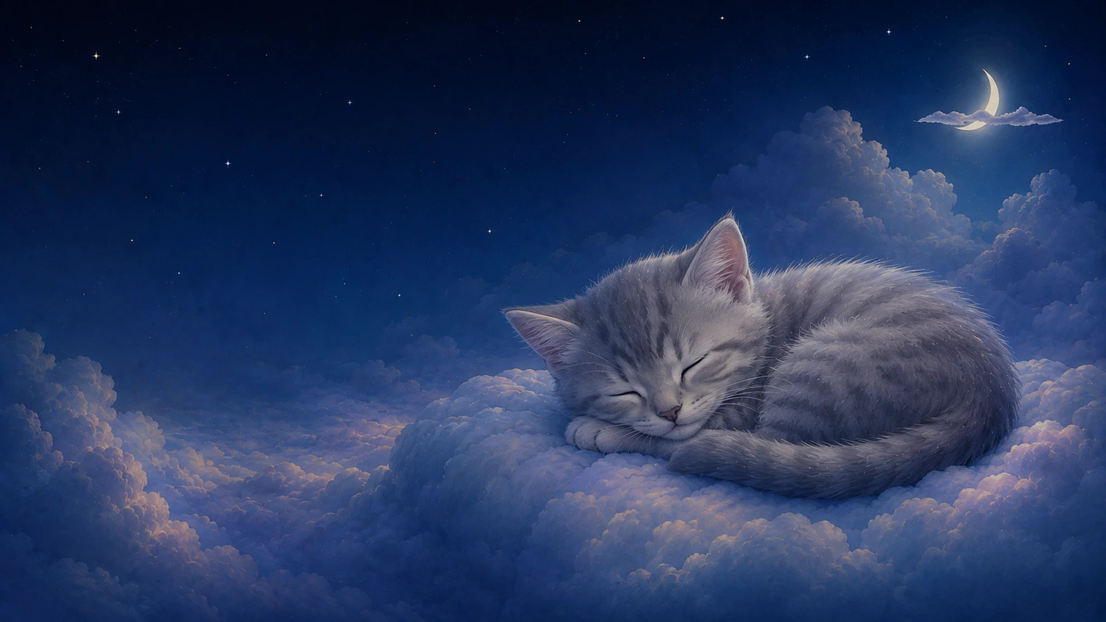 Baby kitten sleeping beneath tiny moonbeams and soft clouds in a dreamy night scene