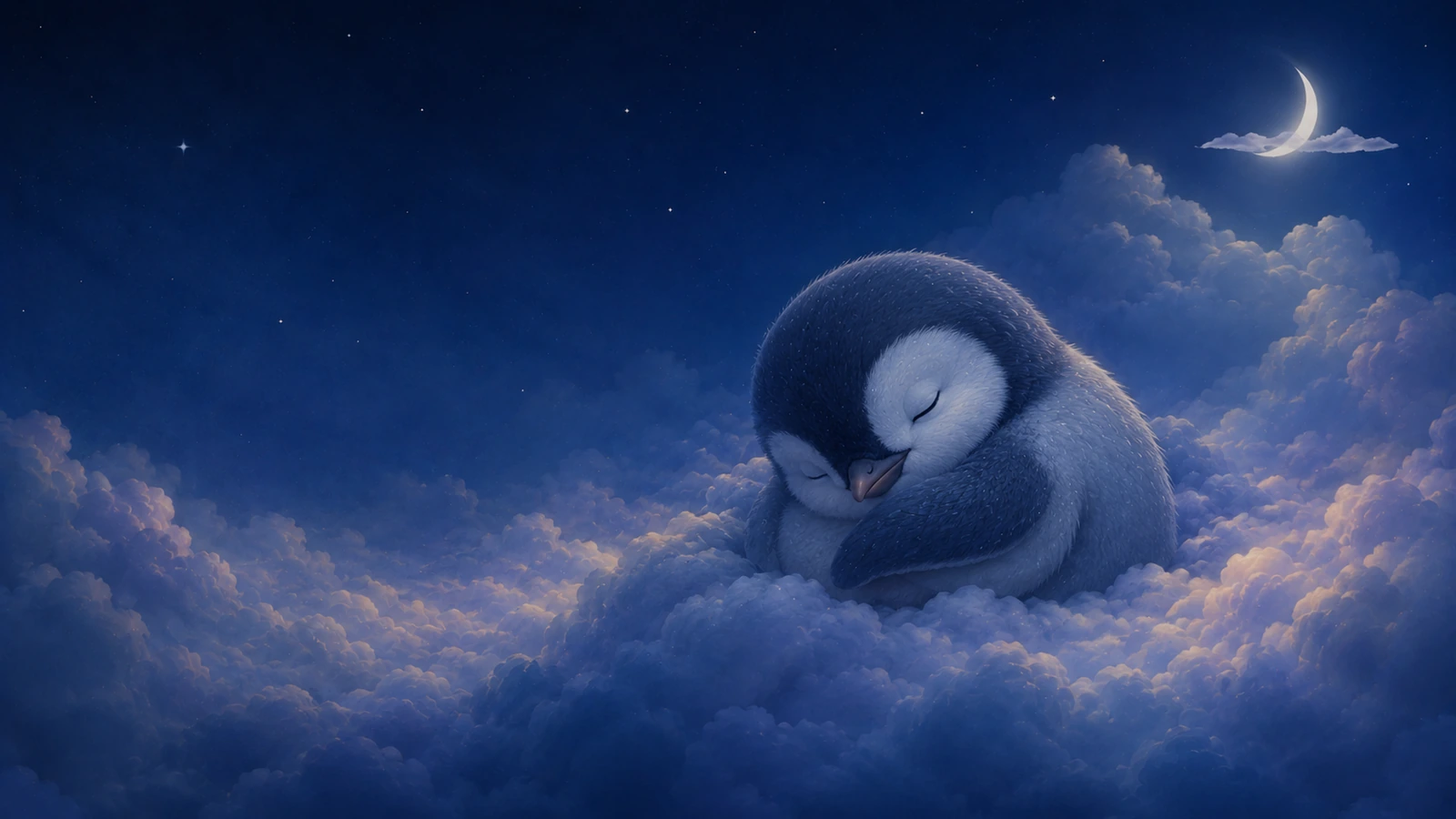 Baby penguin wrapped in soft clouds beneath cool blue moonlight in a sky dream