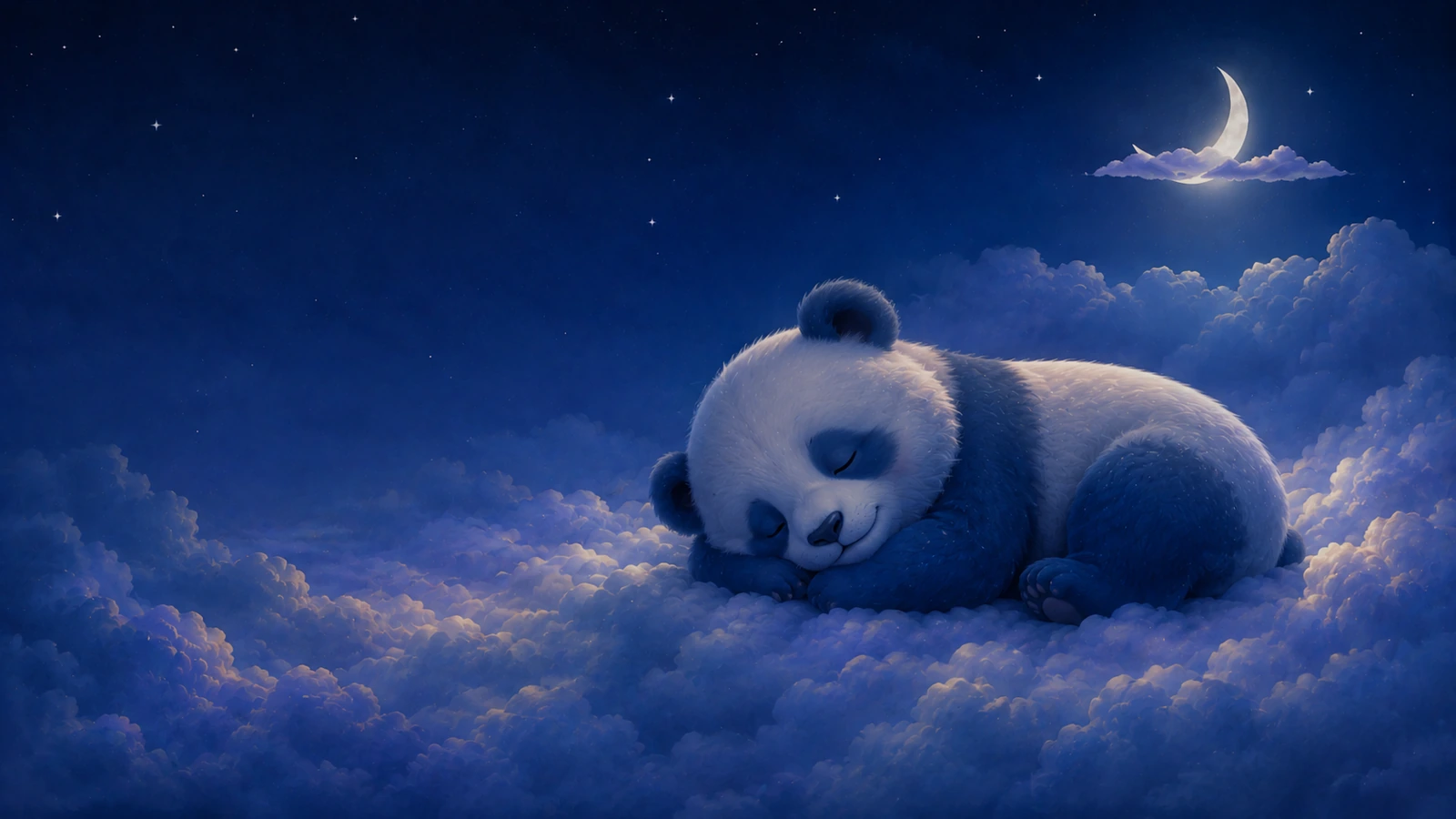 Baby panda resting beneath moonlit clouds in a peaceful nighttime forest dream