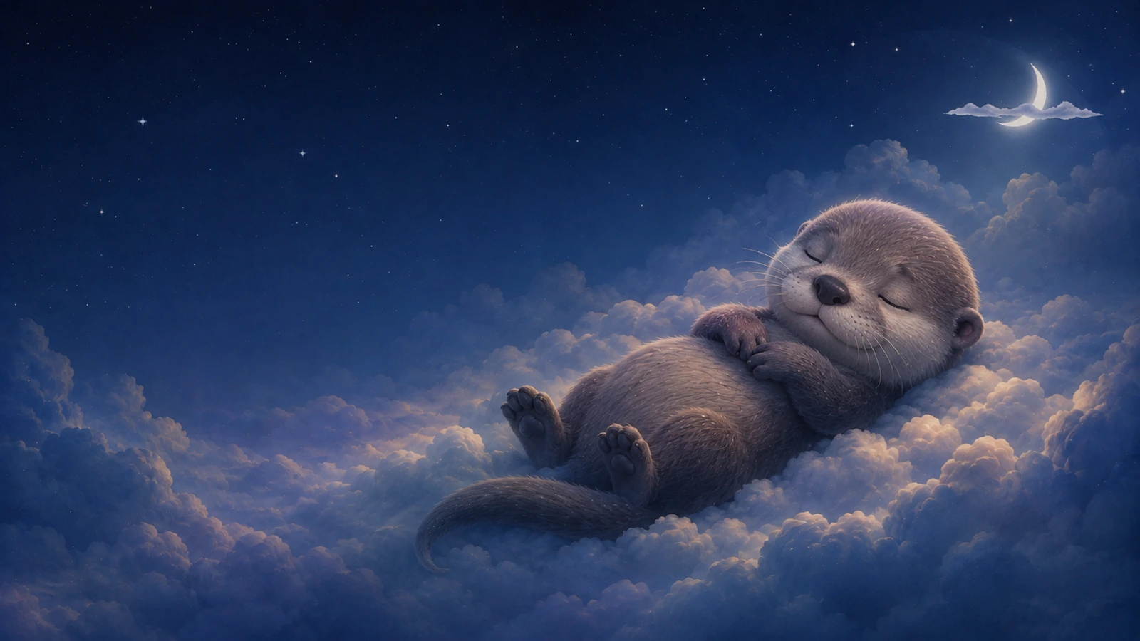 Baby otter floating gently on calm water beneath soft moonlight in a sleep scene