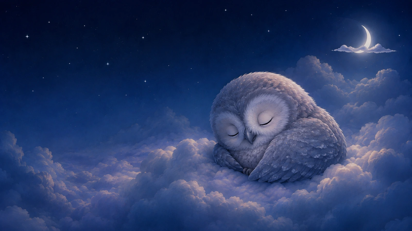 Baby owl gliding beneath the stars in a still moonlit nighttime sleep scene