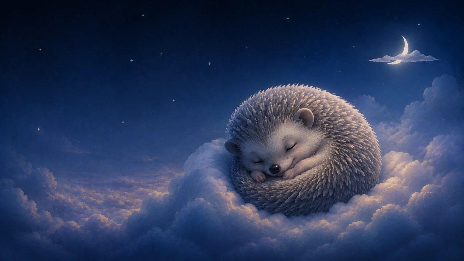 Baby hedgehog tucked into a tiny cozy nest beneath clouds and a sleepy moon