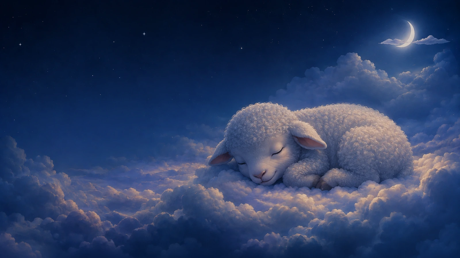 Baby lamb wandering through soft white clouds beneath the moon in a gentle dream