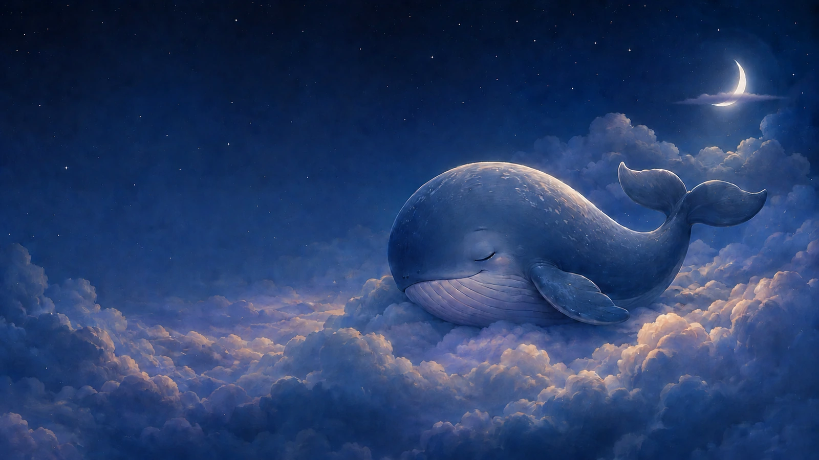 Baby whale dreaming beneath moonlit clouds above the deep blue ocean