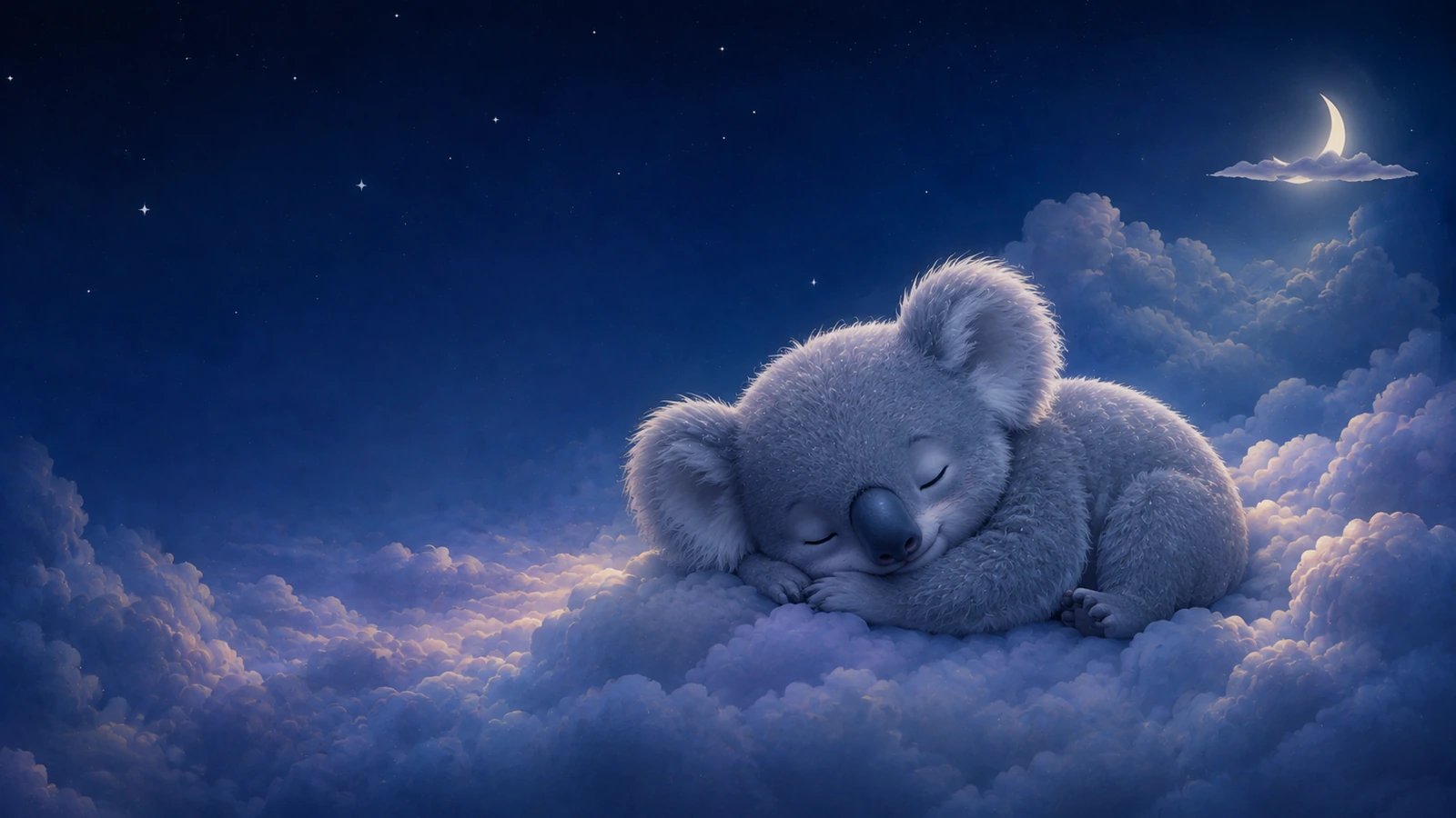 Baby koala floating among soft clouds while dreaming of resting in a eucalyptus tree